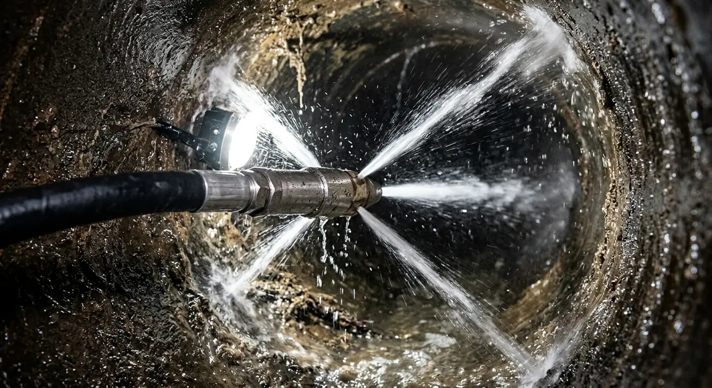 High-pressure hydro jetting nozzle cleaning sewer pipe for Sewer Cleanout in Silver Springs