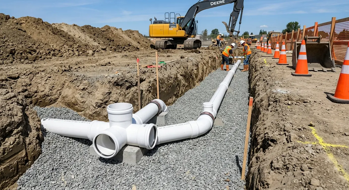 New PVC sewer pipe installation in open trench for Commercial Drain Cleaning in Silver Springs
