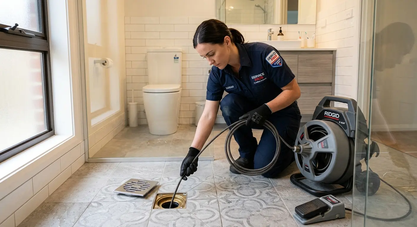Technician clearing a bathroom floor drain for Drain Cleaning in Silver Springs